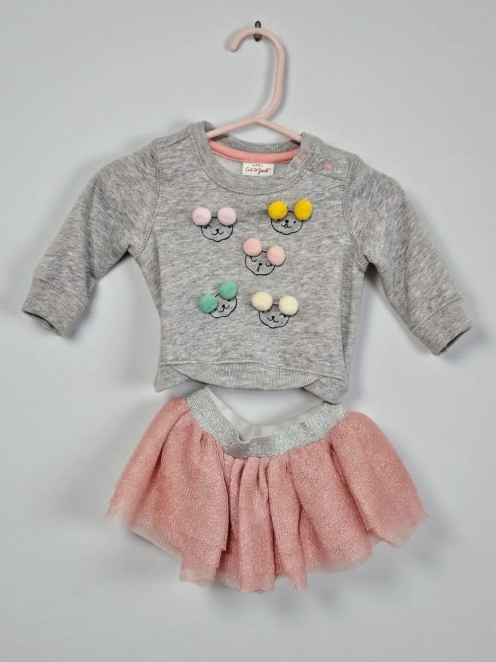 2pc Set - Gray Pom-Pom Sweater & Pink Tulle Skirt 0-3m
